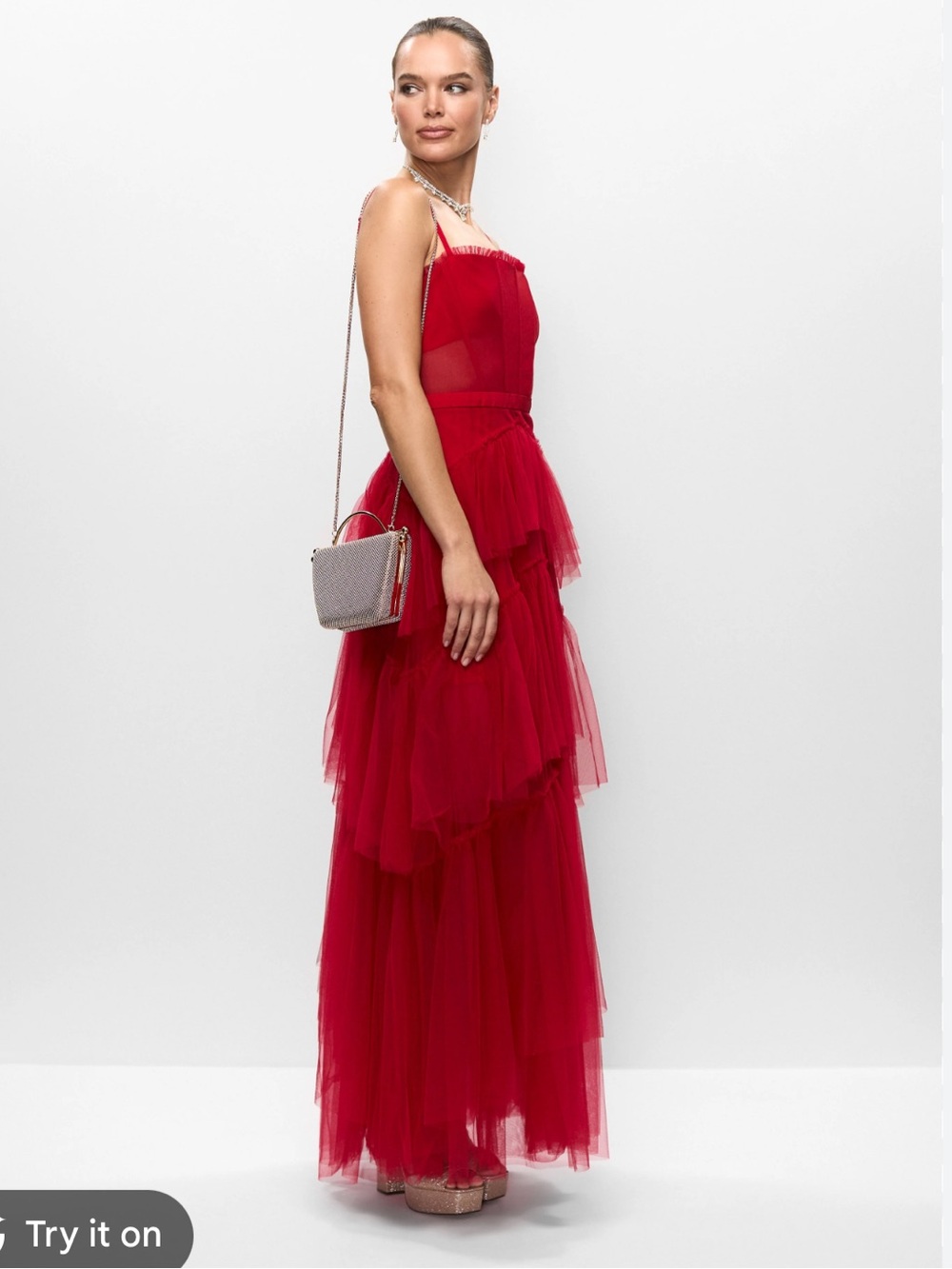 Betsy & Adam Red Tiered Tulle Corset Maxi Dress